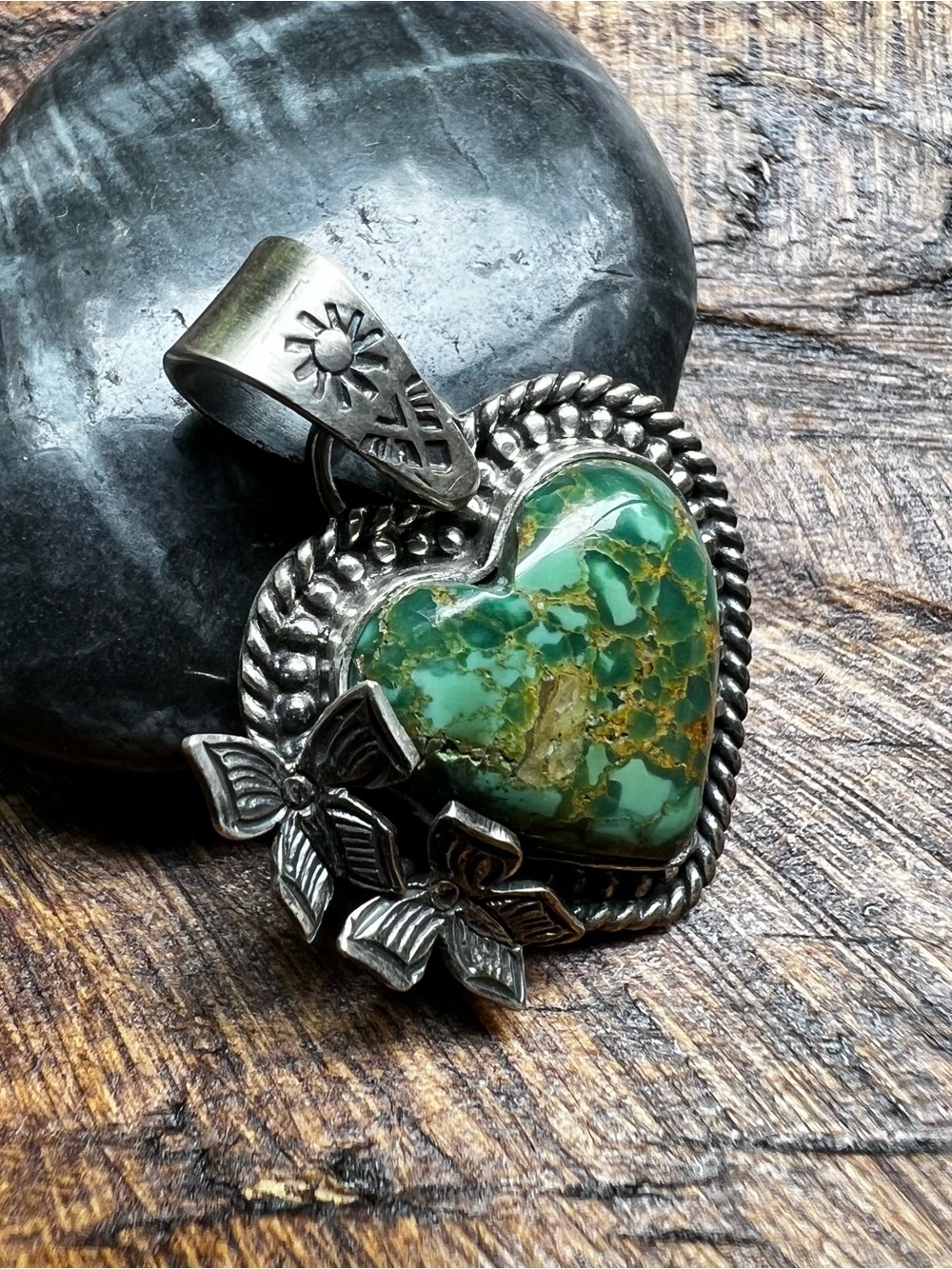 Sterling Silver Green Kingman Turquoise Heart Pendant | Southwestern - Picture 4 of 12